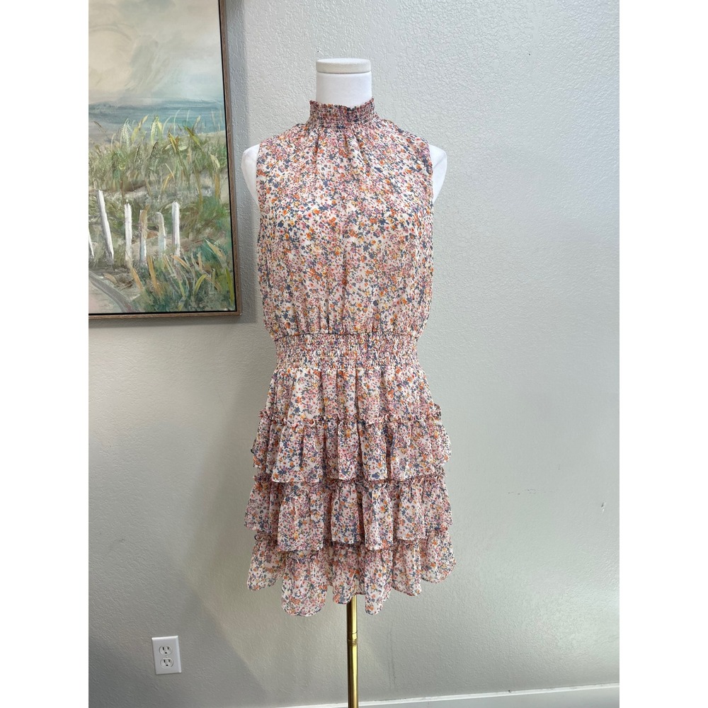 Floral Smocked Mock Neck Tiered Ruffle Mini Dress XL Cottagecore